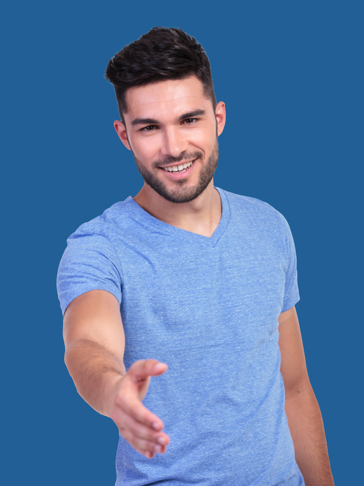 Man in blue shirt holding out hand